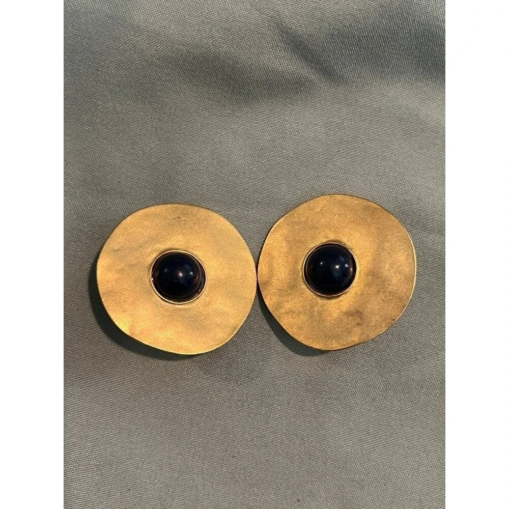 Vintage Gold-Tone Clip-On Earrings with Black Cabochon Center